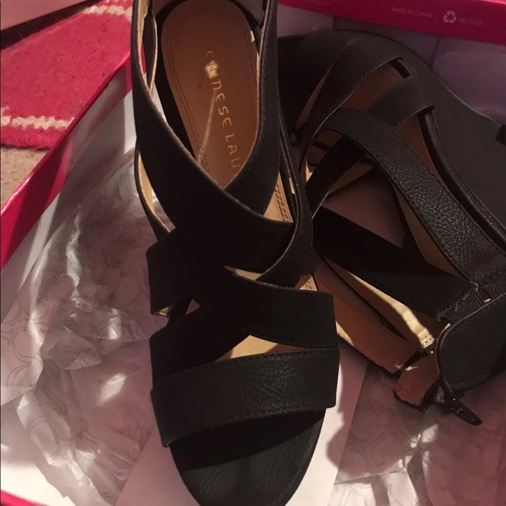 Strappy Black 5” Wedges Size 7.5